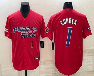 Men%27s Puerto Rico Baseball #1 Carlos Correa Number 2023 Red World Baseball Classic Stitched Jersey